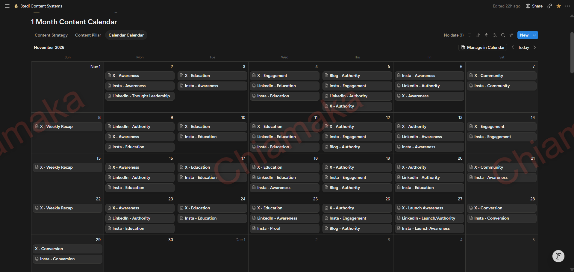 The Stedi launch content calendar in Notion, second view